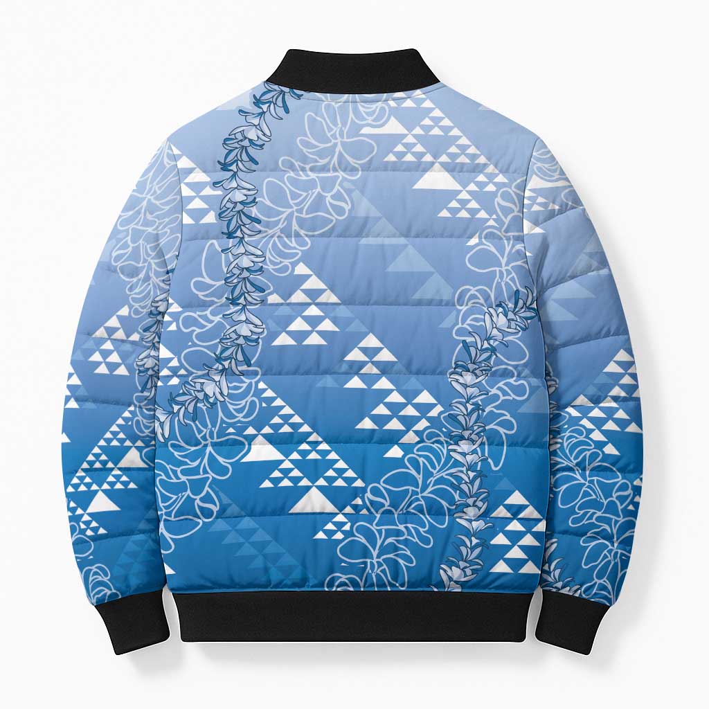 Hawaii Royal Blue Kapa Bomber Puffer Jacket Vintage 'Ohe Kāpala Motifs Mix Plumeria Leis