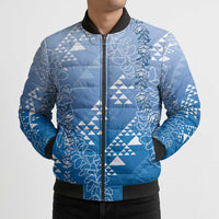 Hawaii Royal Blue Kapa Bomber Puffer Jacket Vintage 'Ohe Kāpala Motifs Mix Plumeria Leis