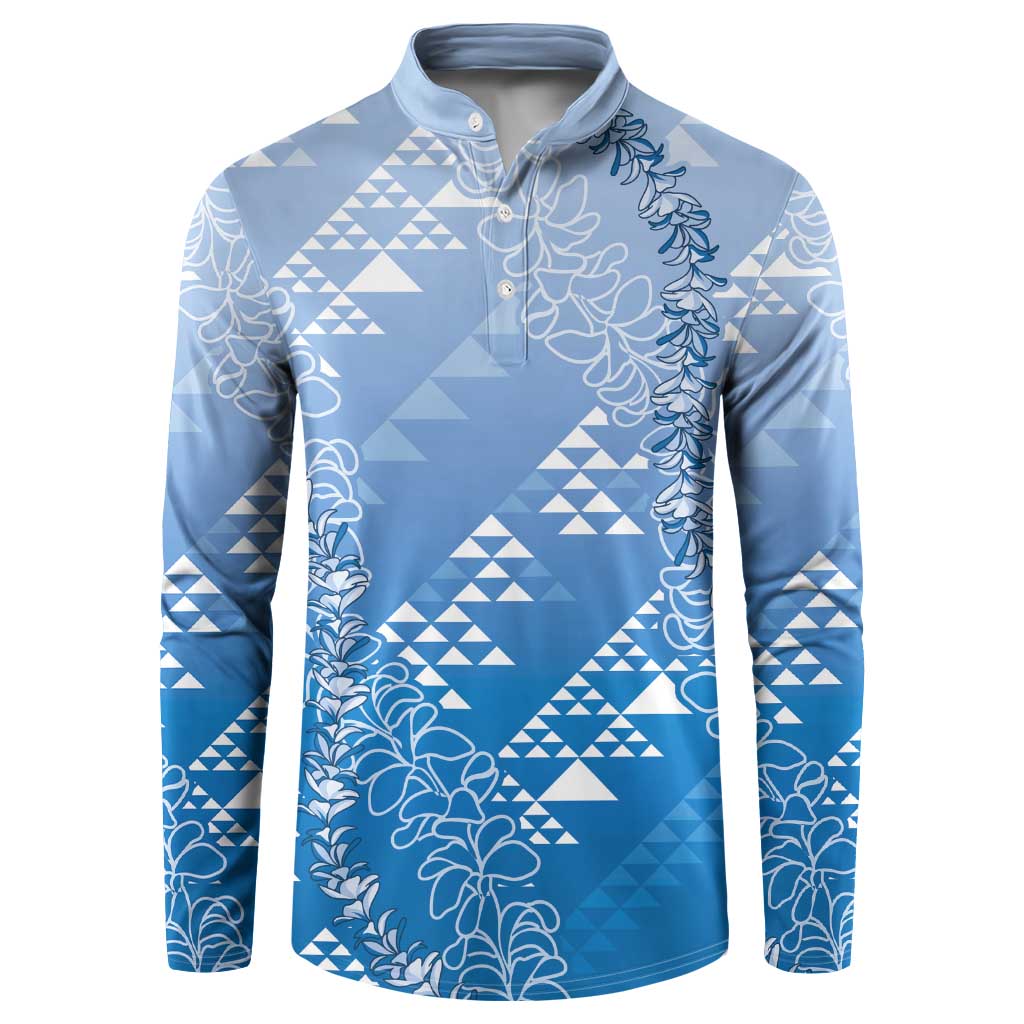 Hawaii Royal Blue Kapa Button Sweatshirt Vintage 'Ohe Kāpala Motifs Mix Plumeria Leis