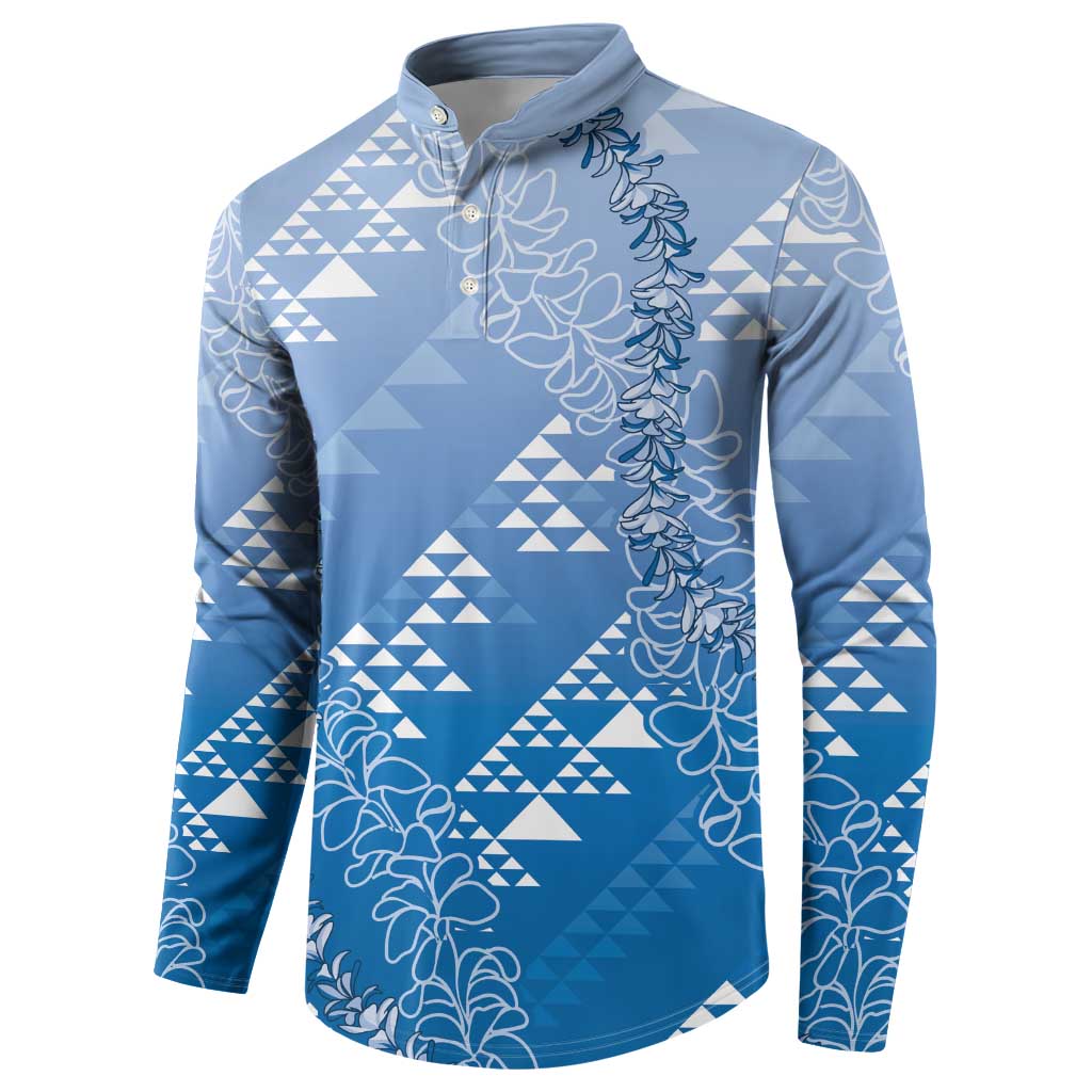 Hawaii Royal Blue Kapa Button Sweatshirt Vintage 'Ohe Kāpala Motifs Mix Plumeria Leis