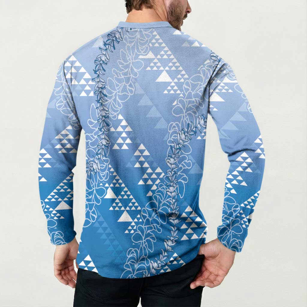 Hawaii Royal Blue Kapa Button Sweatshirt Vintage 'Ohe Kāpala Motifs Mix Plumeria Leis