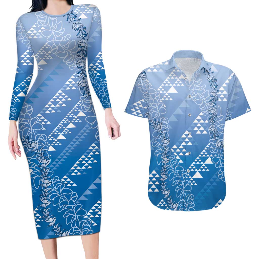 Hawaii Royal Blue Kapa Couples Matching Long Sleeve Bodycon Dress and Hawaiian Shirt Vintage 'Ohe Kāpala Motifs Mix Plumeria Leis