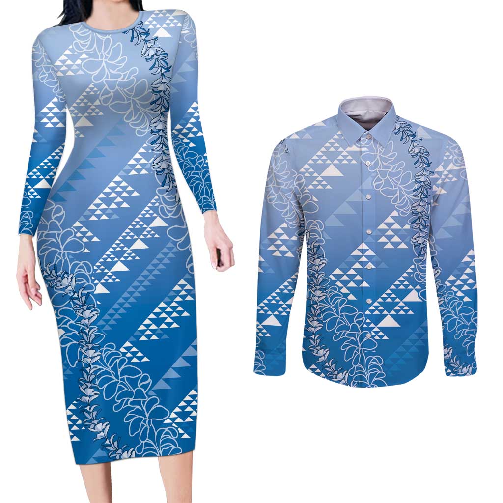 Hawaii Royal Blue Kapa Couples Matching Long Sleeve Bodycon Dress and Long Sleeve Button Shirt Vintage 'Ohe Kāpala Motifs Mix Plumeria Leis