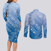 Hawaii Royal Blue Kapa Couples Matching Long Sleeve Bodycon Dress and Long Sleeve Button Shirt Vintage 'Ohe Kāpala Motifs Mix Plumeria Leis