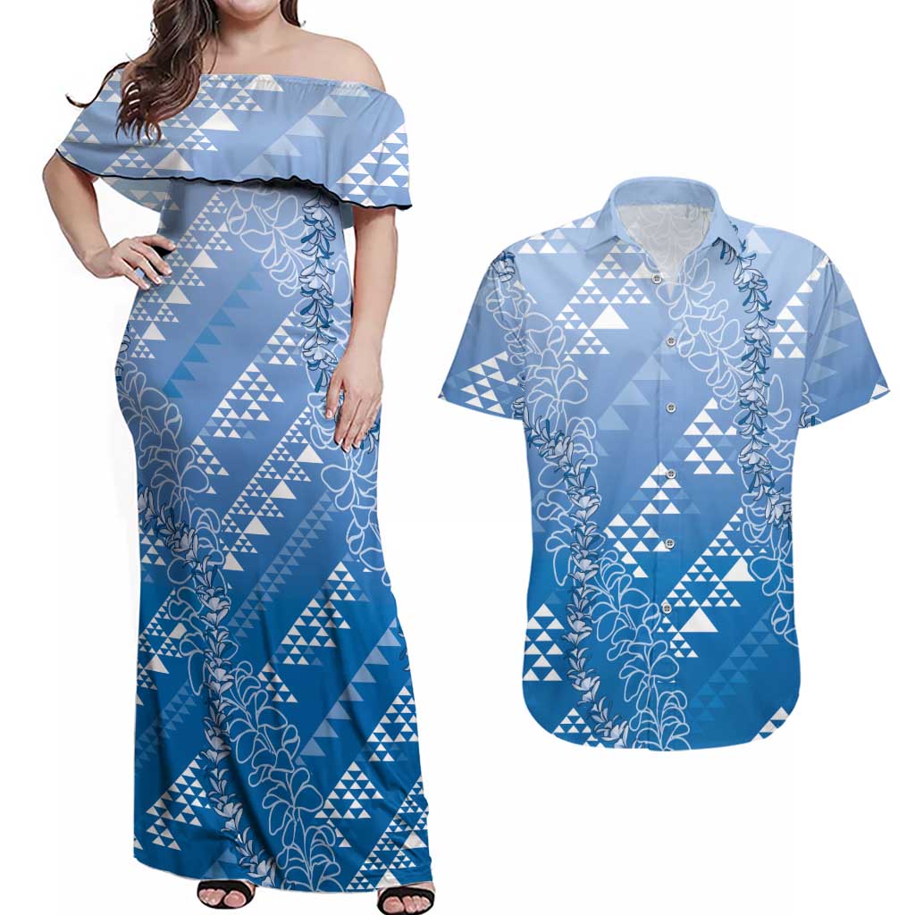 Hawaii Royal Blue Kapa Couples Matching Off Shoulder Maxi Dress and Hawaiian Shirt Vintage 'Ohe Kāpala Motifs Mix Plumeria Leis