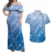 Hawaii Royal Blue Kapa Couples Matching Off Shoulder Maxi Dress and Hawaiian Shirt Vintage 'Ohe Kāpala Motifs Mix Plumeria Leis