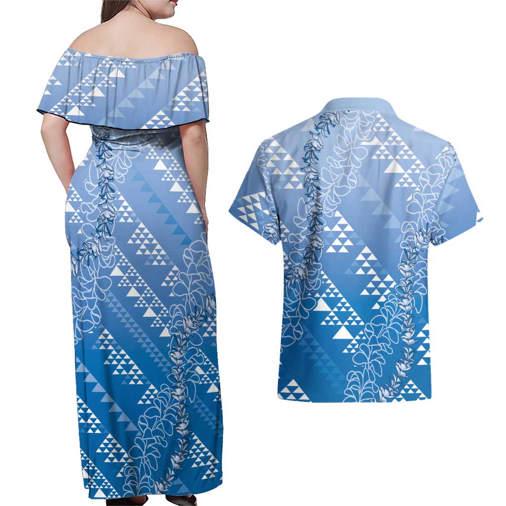 Hawaii Royal Blue Kapa Couples Matching Off Shoulder Maxi Dress and Hawaiian Shirt Vintage 'Ohe Kāpala Motifs Mix Plumeria Leis