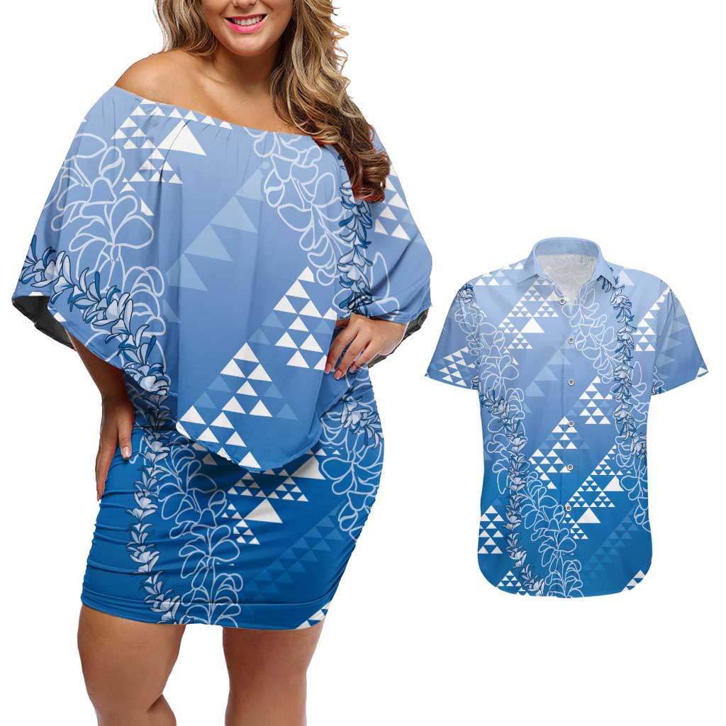 Hawaii Royal Blue Kapa Couples Matching Off Shoulder Short Dress and Hawaiian Shirt Vintage 'Ohe Kāpala Motifs Mix Plumeria Leis