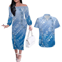 Hawaii Royal Blue Kapa Couples Matching Off The Shoulder Long Sleeve Dress and Hawaiian Shirt Vintage 'Ohe Kāpala Motifs Mix Plumeria Leis