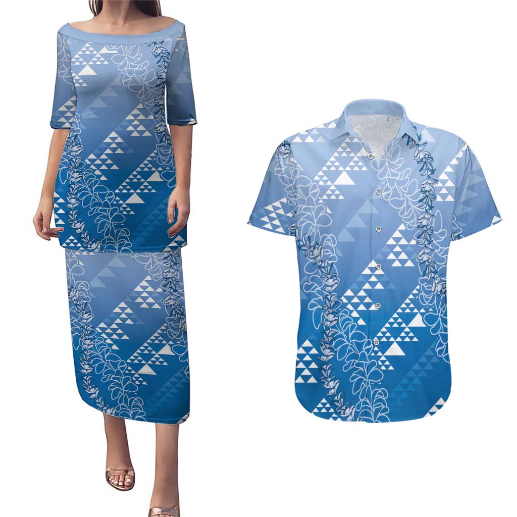 Hawaii Royal Blue Kapa Couples Matching Puletasi and Hawaiian Shirt Vintage 'Ohe Kāpala Motifs Mix Plumeria Leis