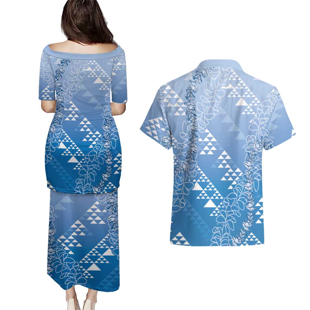 Hawaii Royal Blue Kapa Couples Matching Puletasi and Hawaiian Shirt Vintage 'Ohe Kāpala Motifs Mix Plumeria Leis