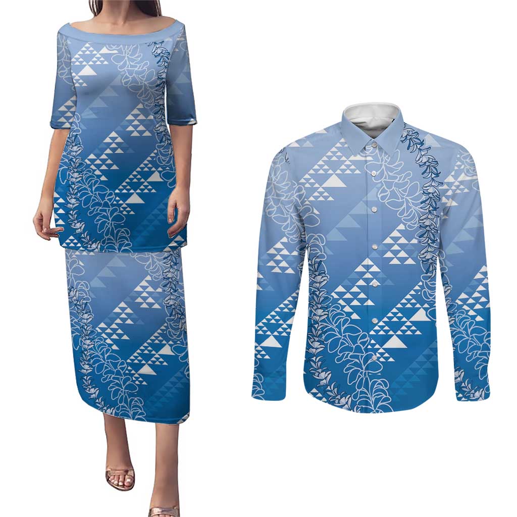 Hawaii Royal Blue Kapa Couples Matching Puletasi and Long Sleeve Button Shirt Vintage 'Ohe Kāpala Motifs Mix Plumeria Leis