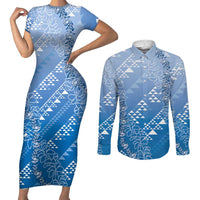 Hawaii Royal Blue Kapa Couples Matching Short Sleeve Bodycon Dress and Long Sleeve Button Shirt Vintage 'Ohe Kāpala Motifs Mix Plumeria Leis