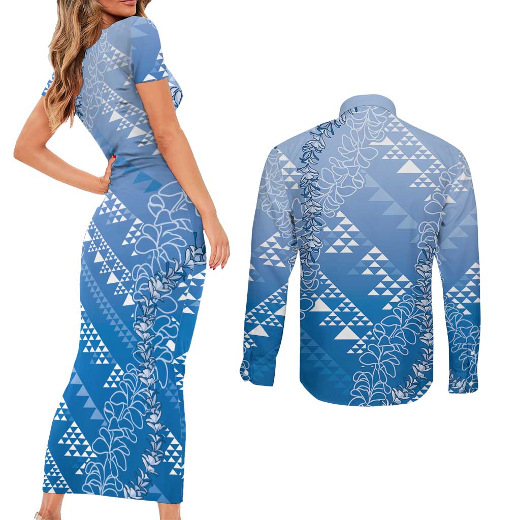 Hawaii Royal Blue Kapa Couples Matching Short Sleeve Bodycon Dress and Long Sleeve Button Shirt Vintage 'Ohe Kāpala Motifs Mix Plumeria Leis