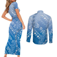 Hawaii Royal Blue Kapa Couples Matching Short Sleeve Bodycon Dress and Long Sleeve Button Shirt Vintage 'Ohe Kāpala Motifs Mix Plumeria Leis