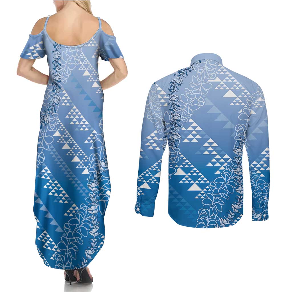 Hawaii Royal Blue Kapa Couples Matching Summer Maxi Dress and Long Sleeve Button Shirt Vintage 'Ohe Kāpala Motifs Mix Plumeria Leis