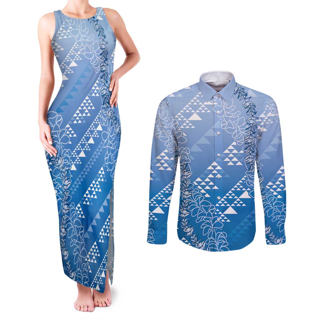 Hawaii Royal Blue Kapa Couples Matching Tank Maxi Dress and Long Sleeve Button Shirt Vintage 'Ohe Kāpala Motifs Mix Plumeria Leis