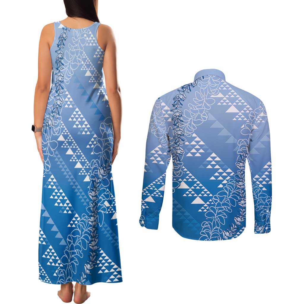 Hawaii Royal Blue Kapa Couples Matching Tank Maxi Dress and Long Sleeve Button Shirt Vintage 'Ohe Kāpala Motifs Mix Plumeria Leis