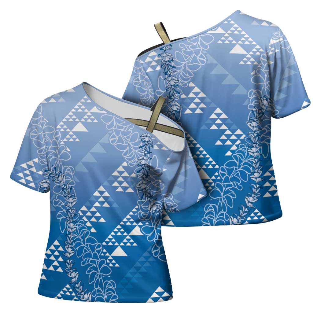 Hawaii Royal Blue Kapa Cross Shoulder Shirt Vintage 'Ohe Kāpala Motifs Mix Plumeria Leis