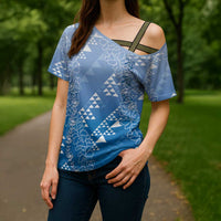 Hawaii Royal Blue Kapa Cross Shoulder Shirt Vintage 'Ohe Kāpala Motifs Mix Plumeria Leis