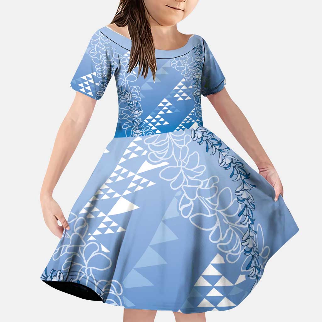 Hawaii Royal Blue Kapa Family Matching Long Sleeve Bodycon Dress and Hawaiian Shirt Vintage 'Ohe Kāpala Motifs Mix Plumeria Leis LT7 Daughter's Dress Royal Blue - Polynesian Pride