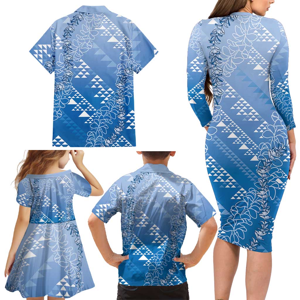 Hawaii Royal Blue Kapa Family Matching Long Sleeve Bodycon Dress and Hawaiian Shirt Vintage 'Ohe Kāpala Motifs Mix Plumeria Leis LT7 - Polynesian Pride