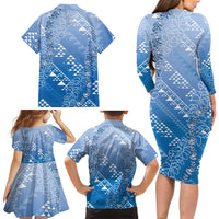 Hawaii Royal Blue Kapa Family Matching Long Sleeve Bodycon Dress and Hawaiian Shirt Vintage 'Ohe Kāpala Motifs Mix Plumeria Leis LT7 - Polynesian Pride