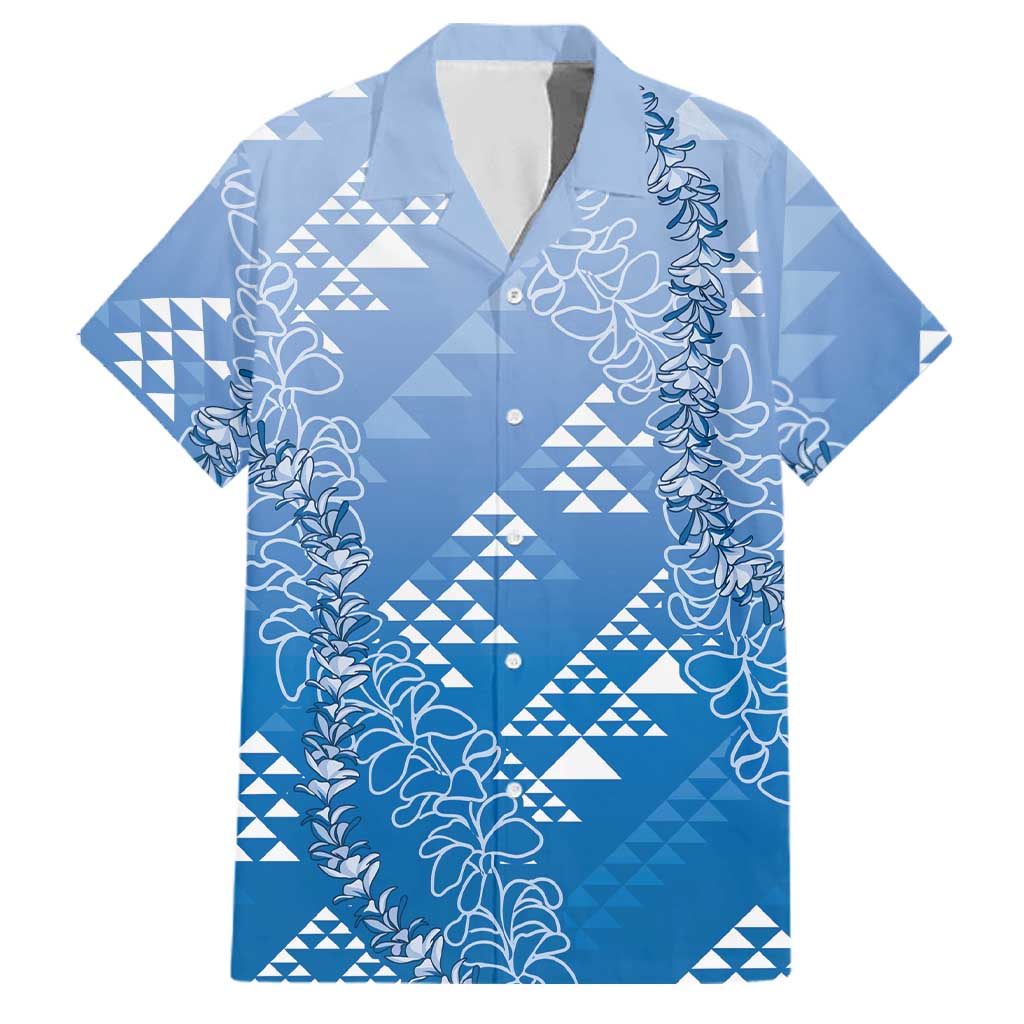 Hawaii Royal Blue Kapa Family Matching Long Sleeve Bodycon Dress and Hawaiian Shirt Vintage 'Ohe Kāpala Motifs Mix Plumeria Leis LT7 Dad's Shirt - Short Sleeve Royal Blue - Polynesian Pride