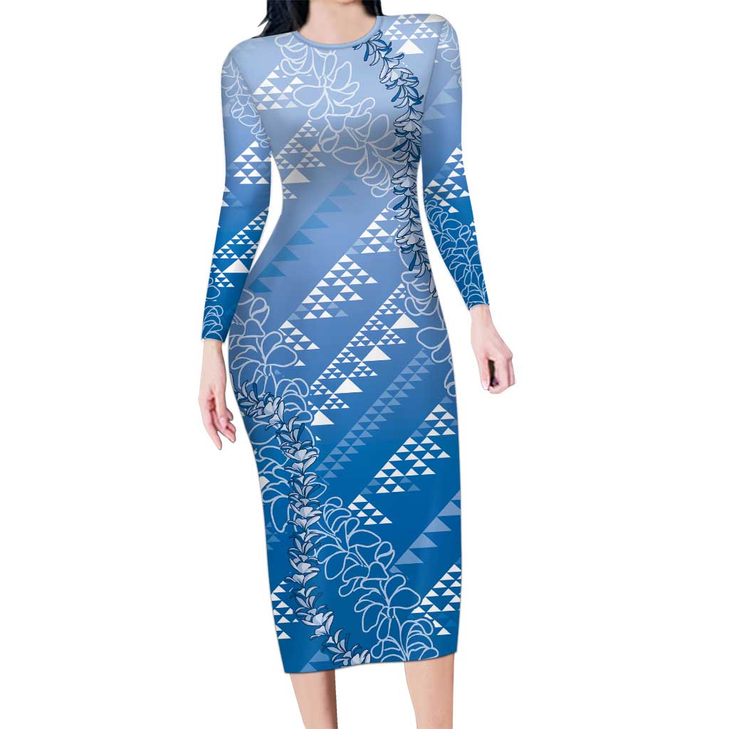 Hawaii Royal Blue Kapa Family Matching Long Sleeve Bodycon Dress and Hawaiian Shirt Vintage 'Ohe Kāpala Motifs Mix Plumeria Leis LT7 Mom's Dress Royal Blue - Polynesian Pride