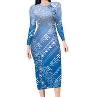 Hawaii Royal Blue Kapa Family Matching Long Sleeve Bodycon Dress and Hawaiian Shirt Vintage 'Ohe Kāpala Motifs Mix Plumeria Leis LT7 Mom's Dress Royal Blue - Polynesian Pride