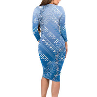 Hawaii Royal Blue Kapa Family Matching Long Sleeve Bodycon Dress and Hawaiian Shirt Vintage 'Ohe Kāpala Motifs Mix Plumeria Leis LT7 - Polynesian Pride