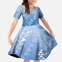 Hawaii Royal Blue Kapa Family Matching Mermaid Dress and Hawaiian Shirt Vintage 'Ohe Kāpala Motifs Mix Plumeria Leis LT7 Daughter's Dress Royal Blue - Polynesian Pride