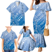 Hawaii Royal Blue Kapa Family Matching Mermaid Dress and Hawaiian Shirt Vintage 'Ohe Kāpala Motifs Mix Plumeria Leis LT7 - Polynesian Pride