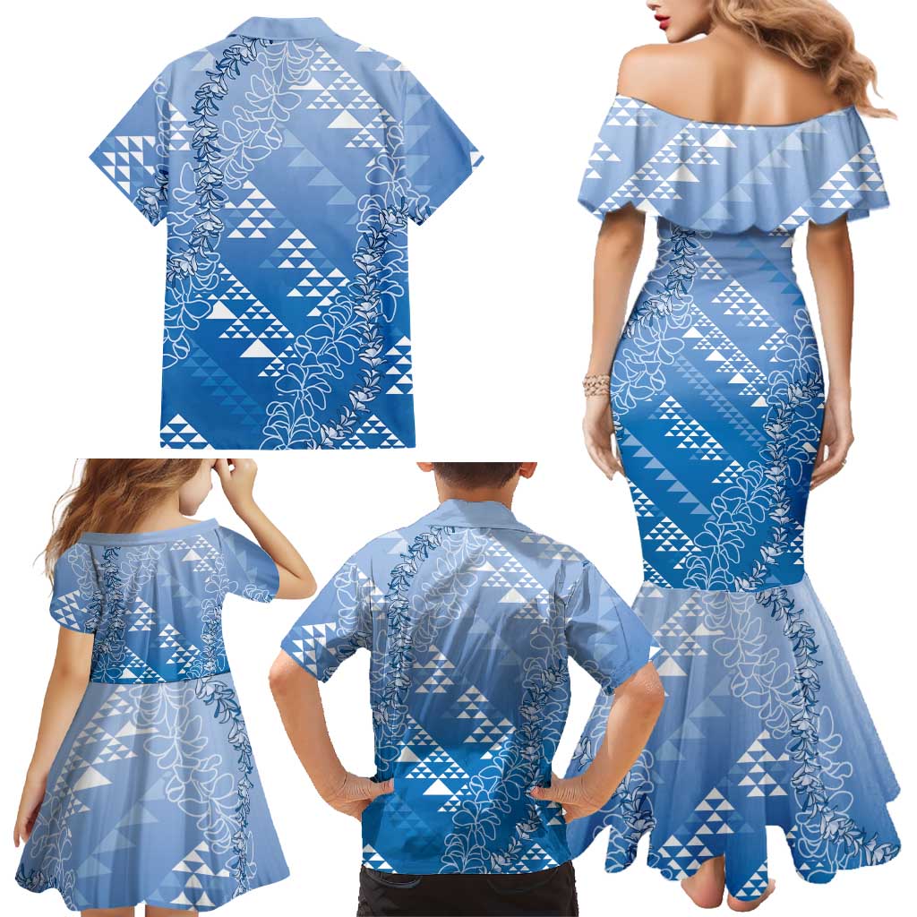 Hawaii Royal Blue Kapa Family Matching Mermaid Dress and Hawaiian Shirt Vintage 'Ohe Kāpala Motifs Mix Plumeria Leis LT7 - Polynesian Pride