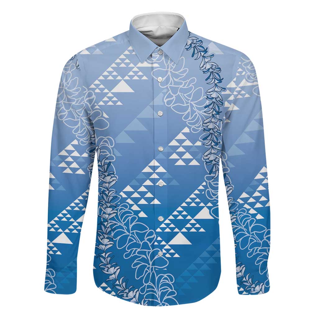 Hawaii Royal Blue Kapa Family Matching Mermaid Dress and Hawaiian Shirt Vintage 'Ohe Kāpala Motifs Mix Plumeria Leis LT7 Dad's Shirt - Long Sleeve Royal Blue - Polynesian Pride