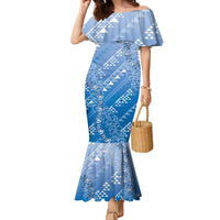 Hawaii Royal Blue Kapa Family Matching Mermaid Dress and Hawaiian Shirt Vintage 'Ohe Kāpala Motifs Mix Plumeria Leis LT7 Mom's Dress Royal Blue - Polynesian Pride