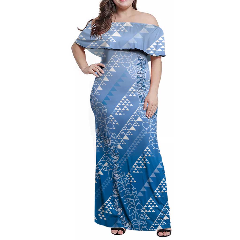 Hawaii Royal Blue Kapa Family Matching Off Shoulder Maxi Dress and Hawaiian Shirt Vintage 'Ohe Kāpala Motifs Mix Plumeria Leis