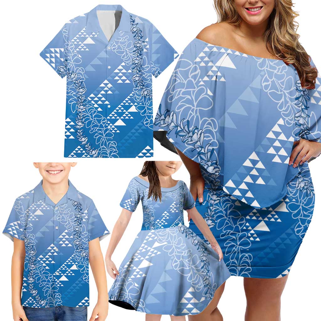 Hawaii Royal Blue Kapa Family Matching Off Shoulder Short Dress and Hawaiian Shirt Vintage 'Ohe Kāpala Motifs Mix Plumeria Leis