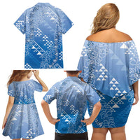 Hawaii Royal Blue Kapa Family Matching Off Shoulder Short Dress and Hawaiian Shirt Vintage 'Ohe Kāpala Motifs Mix Plumeria Leis