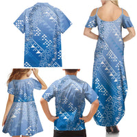 Hawaii Royal Blue Kapa Family Matching Summer Maxi Dress and Hawaiian Shirt Vintage 'Ohe Kāpala Motifs Mix Plumeria Leis