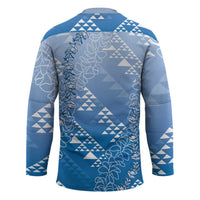 Hawaii Royal Blue Kapa Hockey Jersey Vintage 'Ohe Kāpala Motifs Mix Plumeria Leis