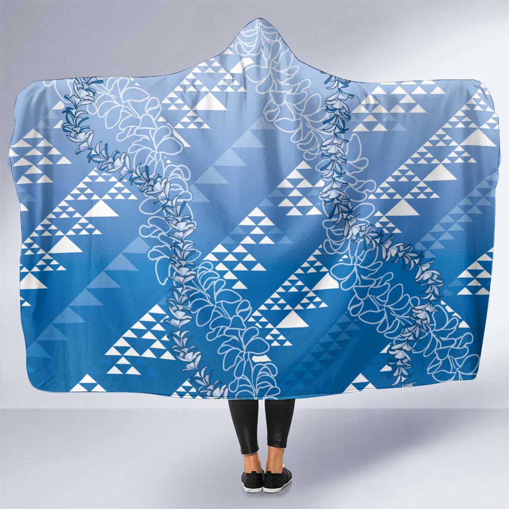 Hawaii Royal Blue Kapa Hooded Blanket Vintage 'Ohe Kāpala Motifs Mix Plumeria Leis