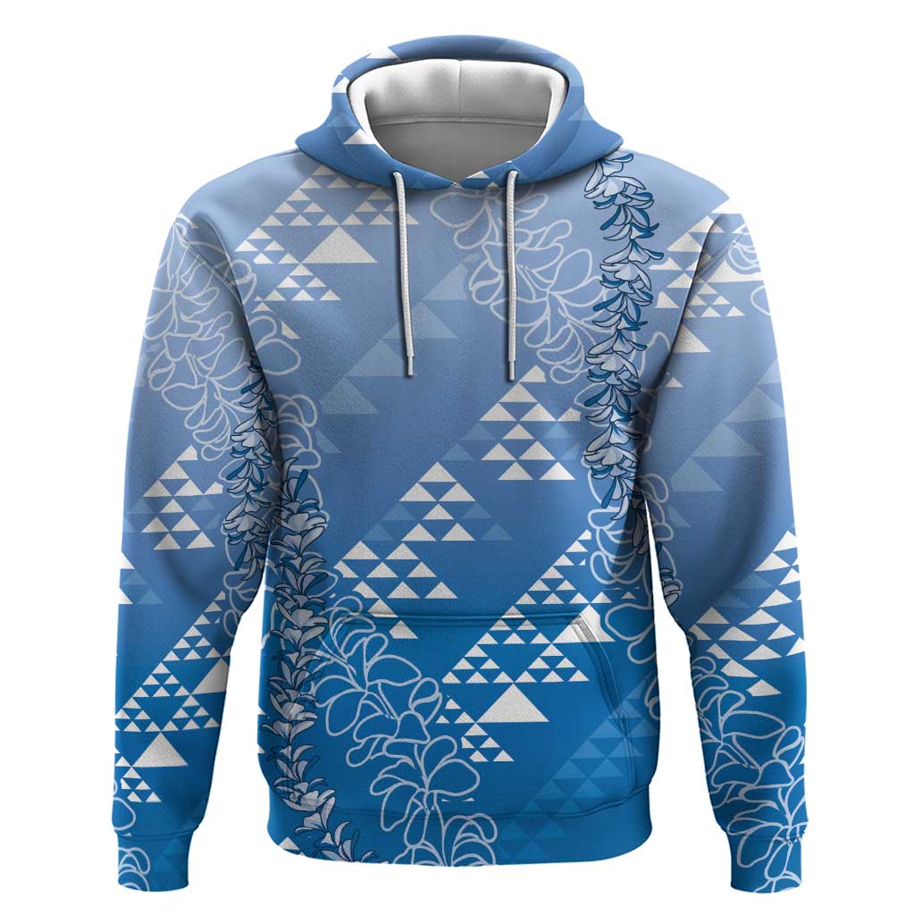 Hawaii Royal Blue Kapa Hoodie Vintage 'Ohe Kāpala Motifs Mix Plumeria Leis