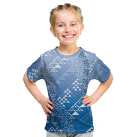 Hawaii Royal Blue Kapa Kid T Shirt Vintage 'Ohe Kāpala Motifs Mix Plumeria Leis