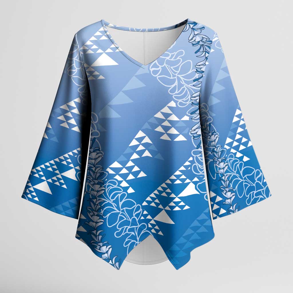 Hawaii Royal Blue Kapa Kimono Sleeve Blouse Vintage 'Ohe Kāpala Motifs Mix Plumeria Leis