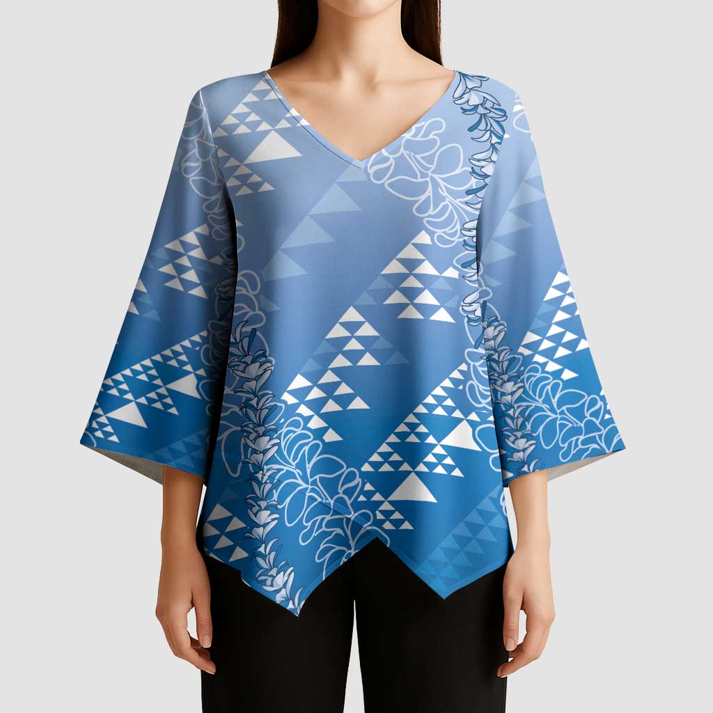 Hawaii Royal Blue Kapa Kimono Sleeve Blouse Vintage 'Ohe Kāpala Motifs Mix Plumeria Leis
