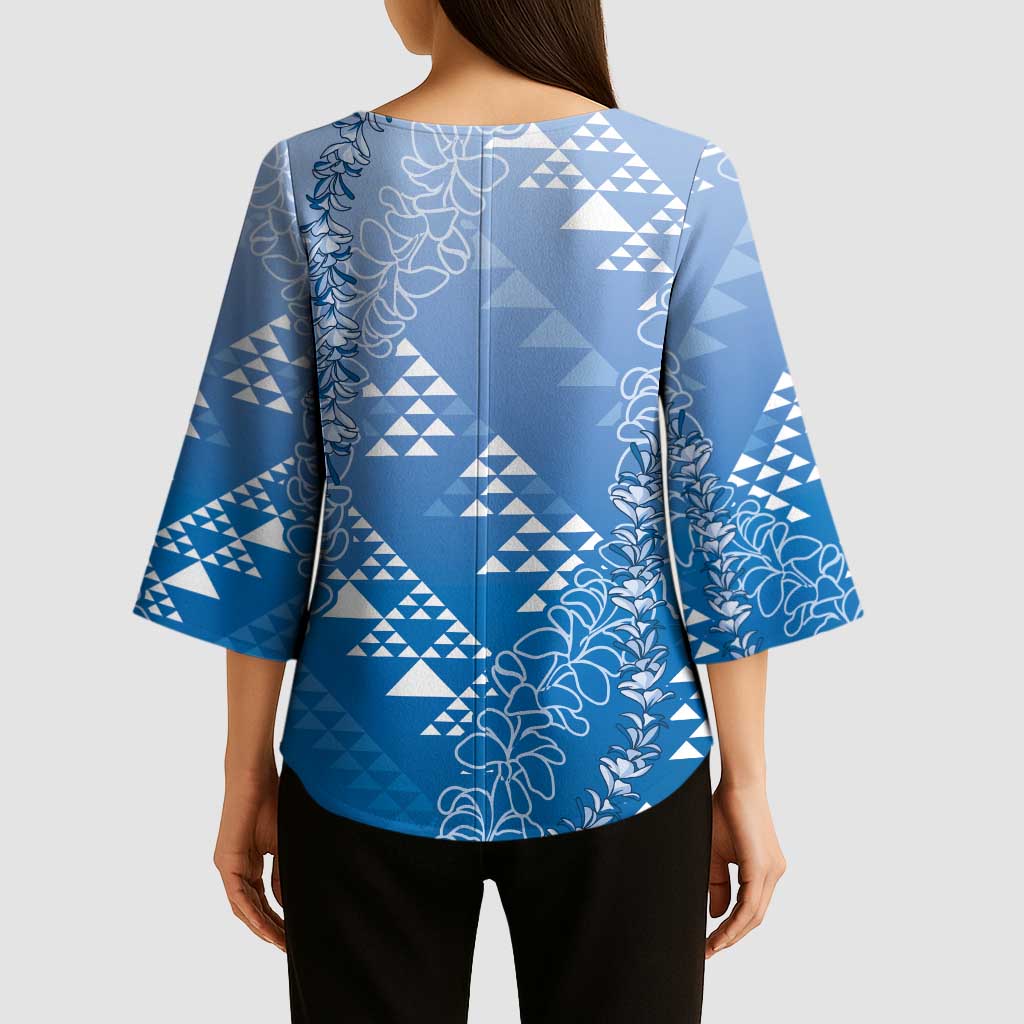 Hawaii Royal Blue Kapa Kimono Sleeve Blouse Vintage 'Ohe Kāpala Motifs Mix Plumeria Leis