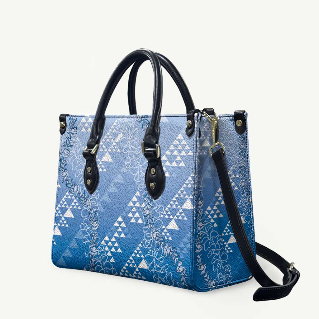 Hawaii Royal Blue Kapa Leather Bag Vintage 'Ohe Kāpala Motifs Mix Plumeria Leis