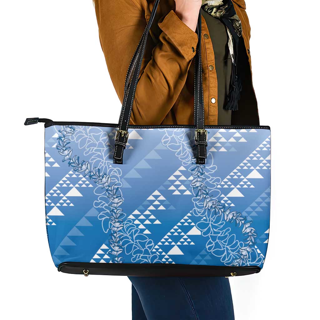 Hawaii Royal Blue Kapa Leather Tote Bag Vintage 'Ohe Kāpala Motifs Mix Plumeria Leis