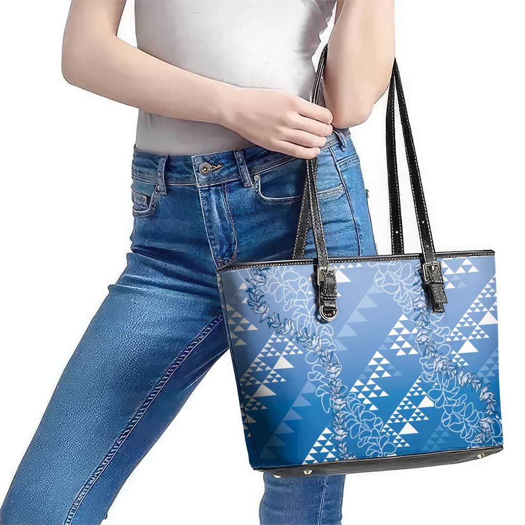 Hawaii Royal Blue Kapa Leather Tote Bag Vintage 'Ohe Kāpala Motifs Mix Plumeria Leis